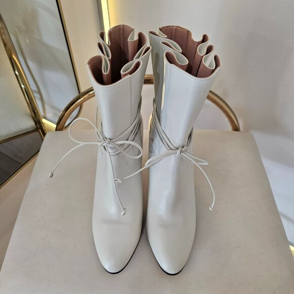 GUCCI Indya GG Pleated Accent Ankle Booties EU 40 US 9.5 White Leather Heel Boot - Picture 2 of 11